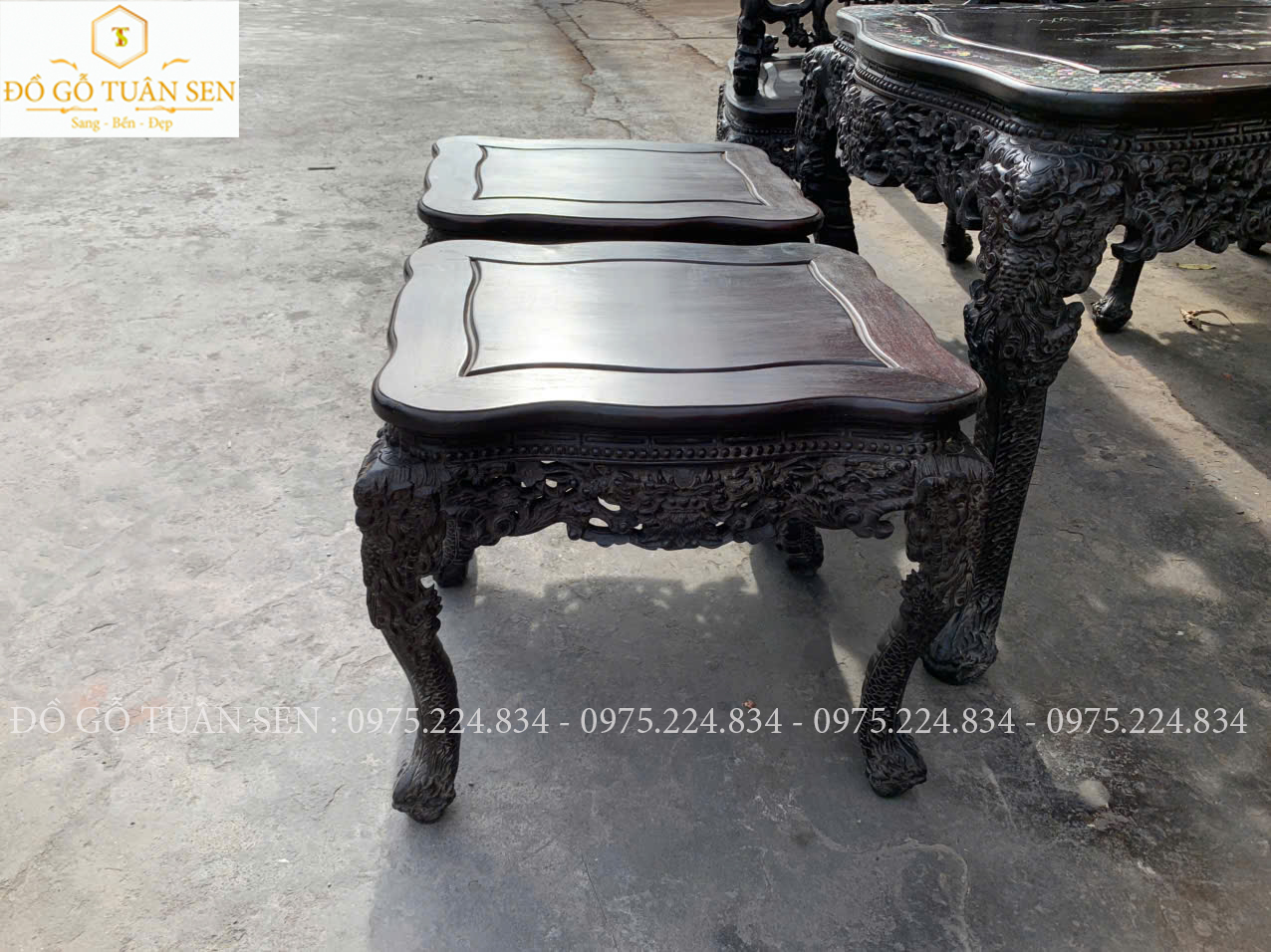 Hình ảnh bộ bàn ghế khánh rồng gỗ gụ 7 món khảm ốc 